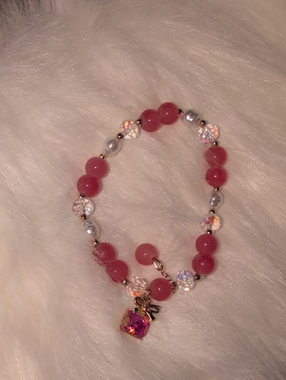 Pink And Clear Beaded Stretch Bracelet With Dangle Charm